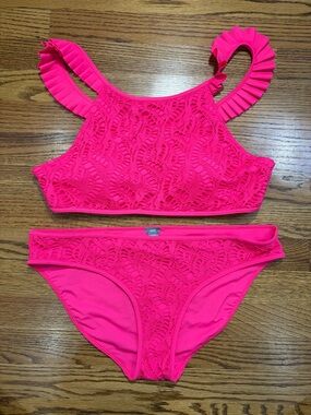 NWT aerie Hot Pink Swim Bikini XL Lace Texture Ruffle Straps